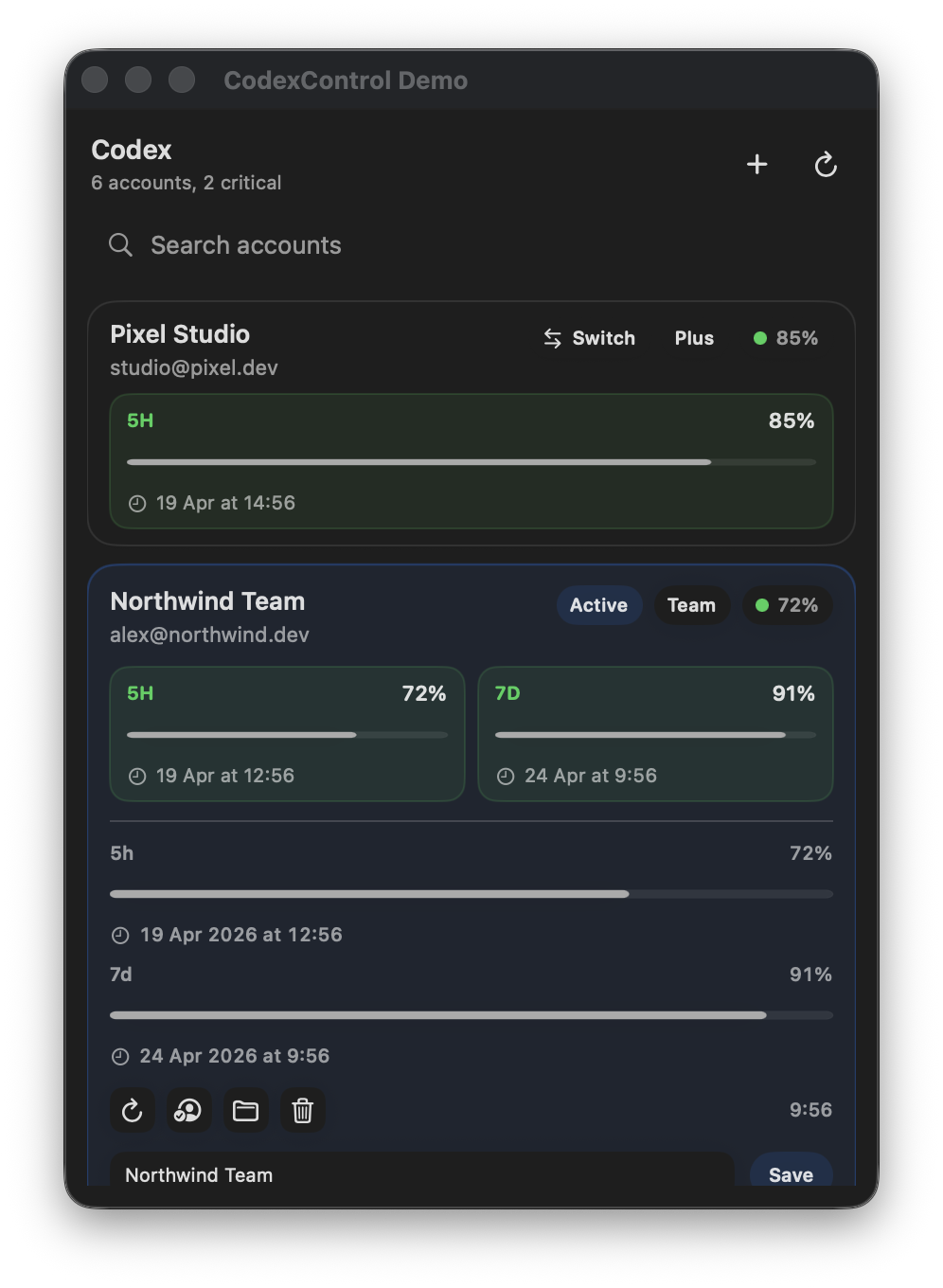CodexControl desktop interface showing demo accounts and quota windows